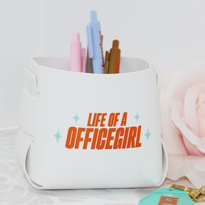 May include: A white desk organizer with the text "LIFE OF A OFFICEGIRL" in orange and teal. The organizer holds several pens in pink, blue, and brown. A pink rose and a keychain are in the background.