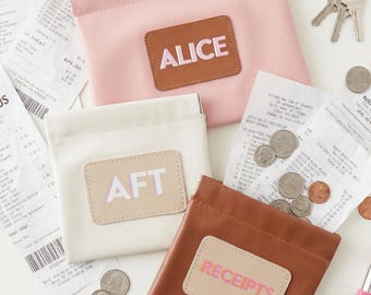 Personalized Vegan Leather Pouch with custom shadow monogram patch and self closing top
