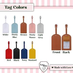 May include: A collection of luggage tags in white, dusty blue, brown, dusty mauve, light grey, red, black, navy, and mustard. Each tag features a buckle strap. The back view shows a brown tag with a clear plastic window for contact information.