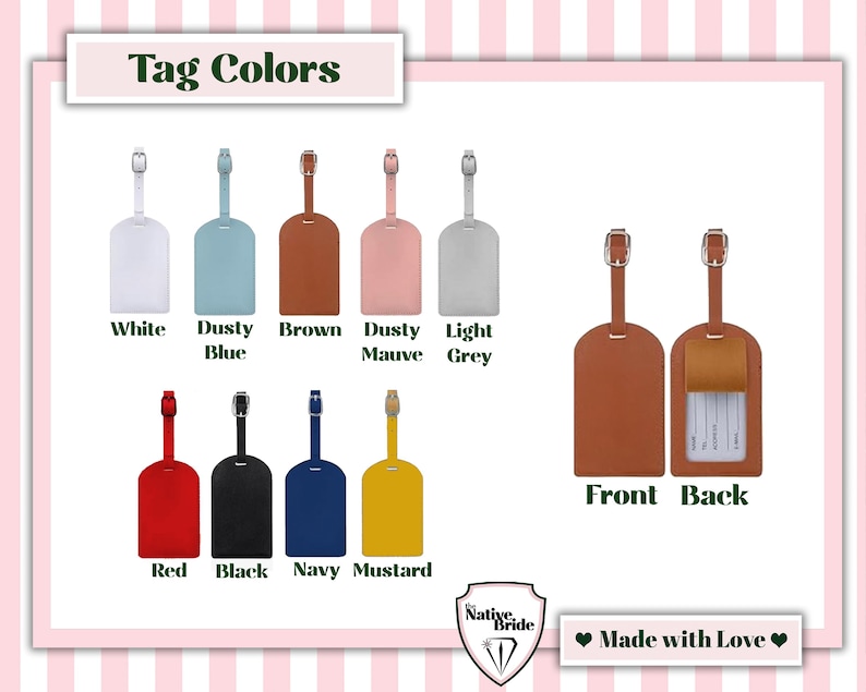 May include: A collection of luggage tags in white, dusty blue, brown, dusty mauve, light grey, red, black, navy, and mustard. Each tag features a buckle strap. The back view shows a brown tag with a clear plastic window for contact information.