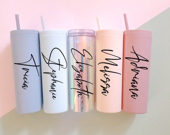 Personalized Tumbler with Lid and Straw, Custom Name Matte Skinny Tumbler, Holographic, acrylic cups, hen party favors, Bridesmaids Gifts