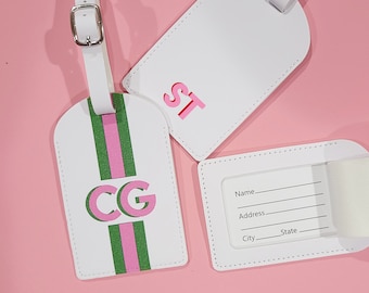 Personalized Shadow Monogram Vegan Leather Luggage Bag Tag Bridesmaid Gift Bachelorette Party Favors, Girls Trip, Preppy 90s Travel Vacation