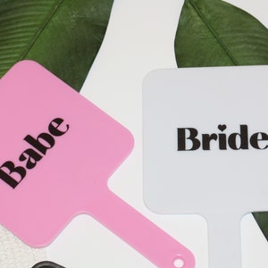 Bride + Babe Mirror with Handle for getting ready, Bridesmaid Gifts, proposal box stuffers,  Bachelorette party favor, Large Makeup Mirror