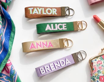 Personalized Shadow Monogram Vegan Leather Wristlet strap Keychain Key Ring Holder