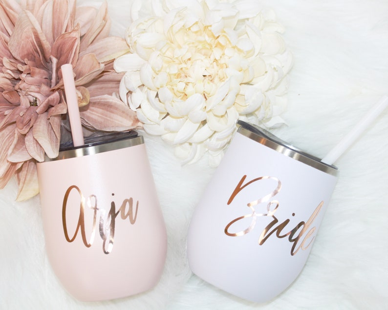 Set of 4 5 6 7 YOU CHOSE QTY metal wine tumbler with lid and straw Bridal shower favors Personalized Bridesmaid Gifts rose gold MWT4V image 7