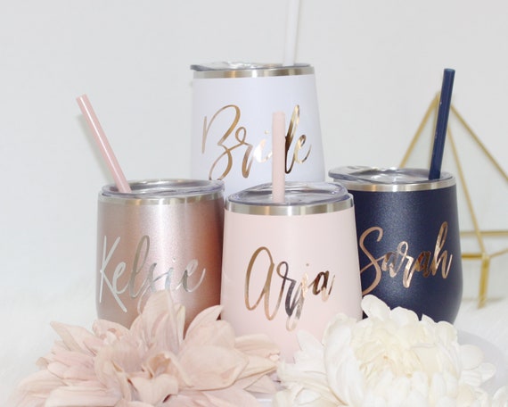 Personalized Bridesmaid tumbler custom cups with straws insulated blush pink rose gold wedding tumblers