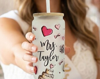 Personalized Glass Tumbler Cup in wedding theme with future Mrs new last name