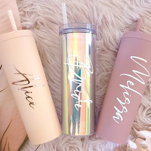 Personalized Tumbler with Lid and Straw, Custom Name Matte Skinny Tumbler, Holographic, acrylic cups, hen party favors, Bridesmaids Gifts