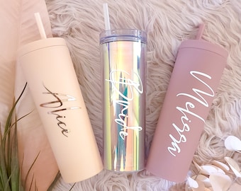 Personalized Tumbler with Lid and Straw, Custom Name Matte Skinny Tumbler, Holographic, acrylic cups, hen party favors, Bridesmaids Gifts