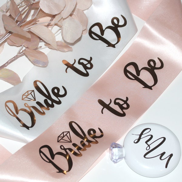 Bride to Be Sash and veil for bridal shower bachelorette party, rose gold foil on white blush, Decorations Sash for Bride Engagement Party