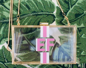 Shadow Monogram Acrylic Clutch Bag, Initial Name personalized stadium bag, Bridesmaid Gift, Custom Preppy 90's y2k Going Out Party Bag