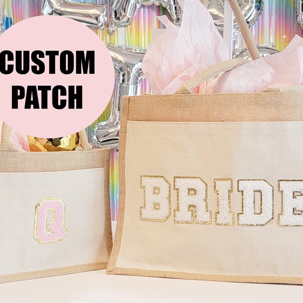 CUSTOM Varsity Letter Chenille Patch bag, Mrs Bride Jute Tote Bag, Bridesmaids Gifts Bachelorette Party totes gifts 90s Y2K preppy college