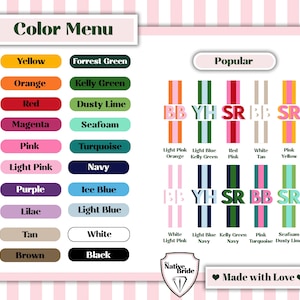May include: A color menu chart featuring a list of color names including yellow, orange, red, magenta, pink, light pink, purple, lilac, tan, brown, forest green, kelly green, dusty lime, seafoam, turquoise, navy, ice blue, light blue, white, and black.