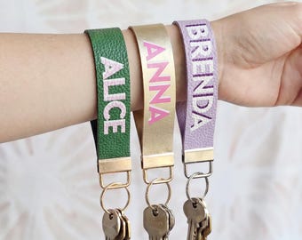 Personalized Shadow Monogram Vegan Leather Wristlet strap Keychain Key Ring Holder