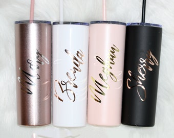 Personalized Tall Metal Tumblers with Lid and Straw Bridesmaid Gifts Rose Gold Blush Pink Set of 4 5 6 7 8 9 Custom Cups maid of honor -TT4V