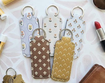 Lip Balm Holder Keychain and Wristlet Keychain in Boho Cottagecore Print Options