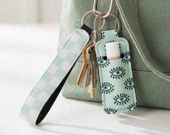 Lip Balm Holder Keychain and Wristlet Keychain in Tropical, checkered and y2k Print Options
