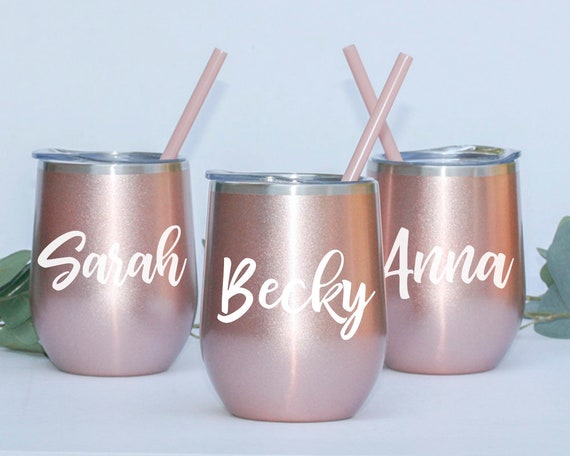 Personalized Tall Metal Tumblers with Lid and Straw Bridesmaid Gifts Rose  Gold Blush Pink Custom Cups BULK DISCOUNT on Set of 5 6 7 8 9 +