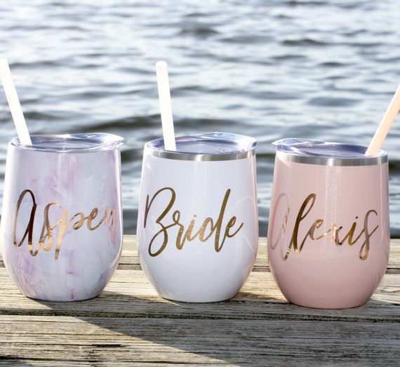 Personalized Wine Tumblers with lid and straw in glitter blush