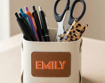 Vegan Leather Catch all Cup with Personalized Shadow Monogram Patch
