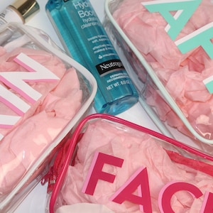 May include: Three clear plastic zippered bags with pink tissue paper inside. The bags are labeled "SKIN", "FACE", and "AE", with the letters in pink and white. A blue bottle of facial cleanser is visible in the background.