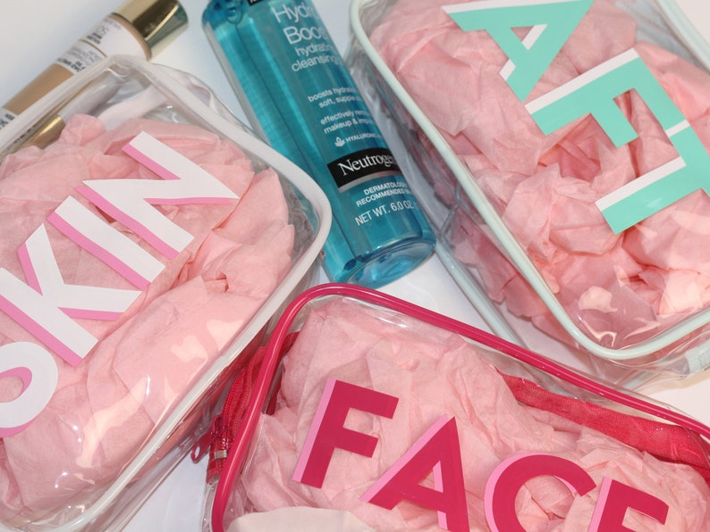 May include: Three clear plastic zippered bags with pink tissue paper inside. The bags are labeled "SKIN", "FACE", and "AE", with the letters in pink and white. A blue bottle of facial cleanser is visible in the background.
