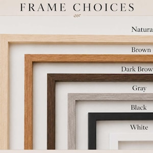 Puede incluir: Una muestra de seis marcos rectangulares anidados unos dentro de otros, con el texto FRAME CHOICES. Los marcos est&aacute;n disponibles en acabados natural, marr&oacute;n, marr&oacute;n oscuro, gris, negro y blanco, cada uno con una textura de veta de madera.