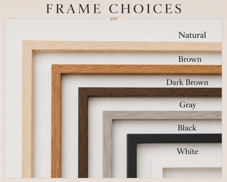 Puede incluir: Una muestra de seis marcos rectangulares anidados unos dentro de otros, con el texto FRAME CHOICES. Los marcos est&aacute;n disponibles en acabados natural, marr&oacute;n, marr&oacute;n oscuro, gris, negro y blanco, cada uno con una textura de veta de madera.