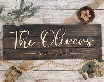 May include: A rustic wooden sign with the text "The Olivers est. 2021" in a light brown font. The sign is made of dark brown wood planks and has a distressed look.