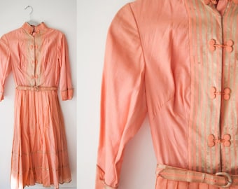 Vintage 1950s Peach Dress Asian Inspired with Buckle