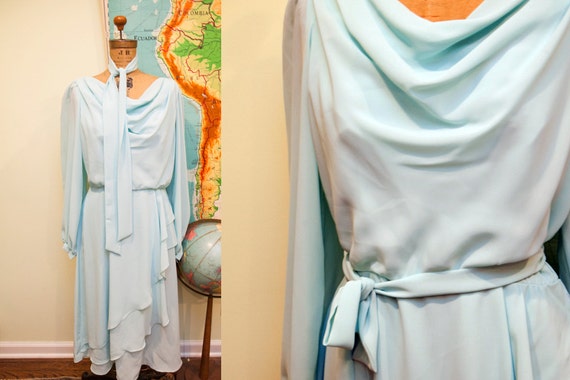 Vintage 70s Robins Egg Blue Chiffon Dress // Size