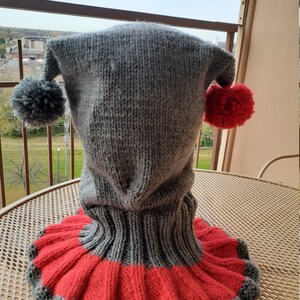 Puede incluir: Sombrero de punto gris con un pomp&oacute;n rojo y gris a cada lado. El sombrero tiene un cuello de lana largo que es rojo y gris.