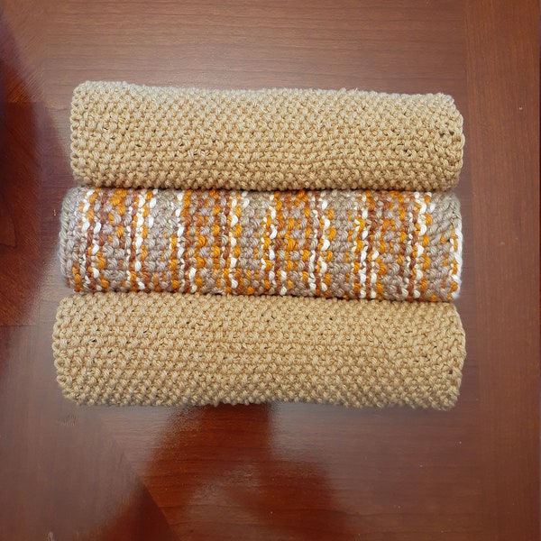 Hand-knitted cotton hand towels, guest towels, kitchen towels.