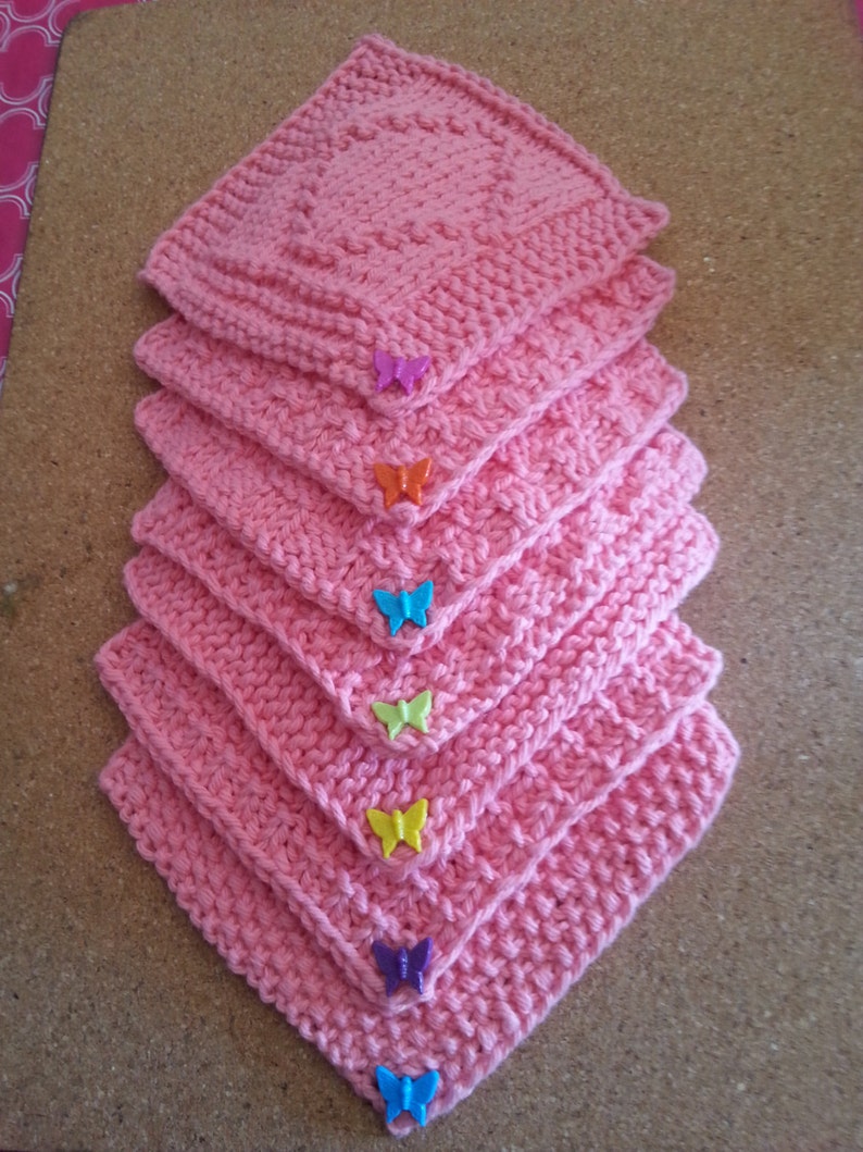 Hand-knitted Newborn/baby Pink butterfly Set of Washcloths. Set of 7 ...