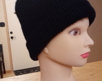 Black winter Hat; Slouchy Women Beanie; Handmade Knitted Hat for Women