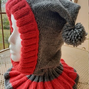 Puede incluir: Sombrero de punto gris y rojo con un pomp&oacute;n en la parte superior. El sombrero tiene un borde abatible y un largo cuello de lana.