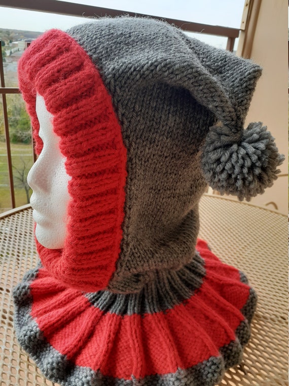 Hand Knit Winter Hoodie.Great winter hat. Warm hat with neckwarmer. Ski Hat with neckwarmer