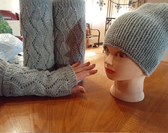 Hand knitted set Gray Beanie, leg warmers and fingerless gloves