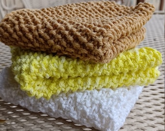 Hand-knitted cotton hand towels, guest towels, kitchen towels.
