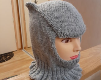 Hand Knit Boys Winter Hoodie. Great Winter Hat. Warm Hat with neckwarmer. Boys Helmet. Ski Hat