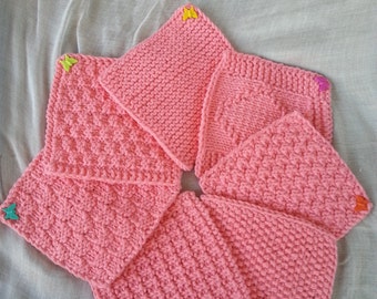 Hand-knitted newborn/baby pink "butterfly" set of washcloths. Set of 7 washcloths. Great baby shower gift. Gift for expectant mothers.