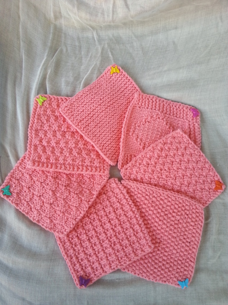 Hand-knitted Newborn/baby Pink butterfly Set of Washcloths. Set of 7 ...