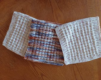 Hand-knitted cotton hand towels, guest towels, kitchen towels.