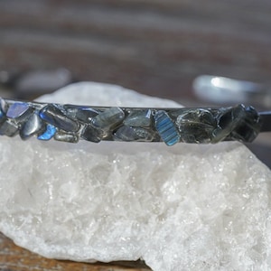 Labradorite dark gray/bright blue flashes /silver or gold Open Bangle Bracelet/Modern Boho Bracelet/labradorite stainless steel cuff