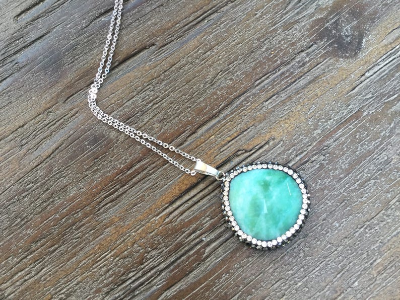 Turquoise Quartz Pendant Necklace with Pave Rhinestone | Etsy