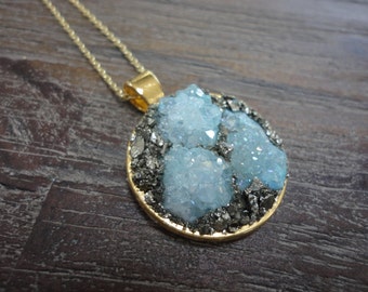 Druzy Agate With Pyrite Gold Pendant Necklace/bold/summer Blue Druzy/Modern Boho/Crushed Pyrite//raw gemstone