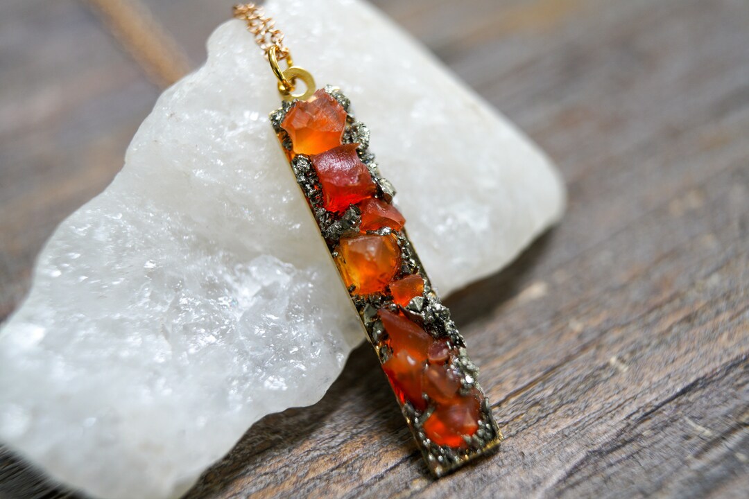Raw Carnelian and Pyrite Gemstone Bar Pendant Necklace/silver or Gold ...