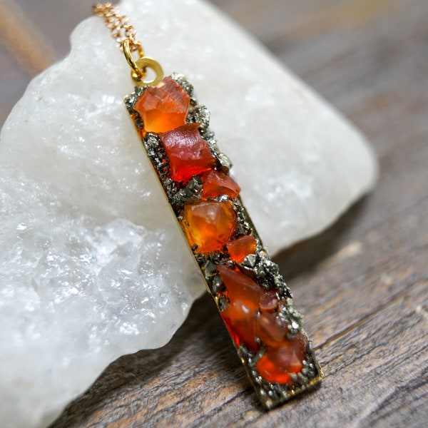 Raw Carnelian and Pyrite gemstone bar pendant necklace/silver or gold/rectangle long bar/red/orange/fall inspired/autumn jewelry