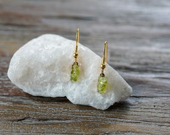 Recycled Raw Peridot tiny tag dangle Earrings/modern gemstone earrings/gold or silver/