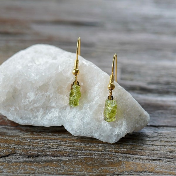 Recycled Raw Peridot tiny tag dangle Earrings/modern gemstone earrings/gold or silver/